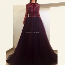 От кутюр фиолетовое вечернее платье трапециевидной формы с длинными рукавами, расшитое бисером, полная длина, блестки, тюль, бант, вечерние платья для выпускного вечера, Формальные Дубай