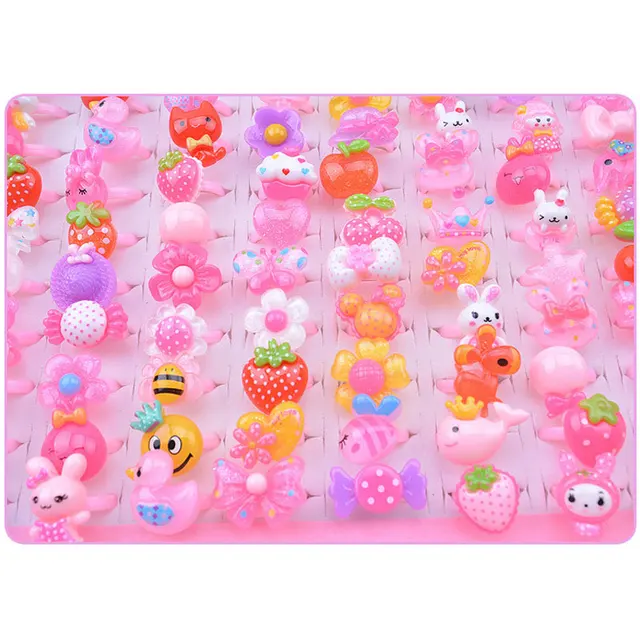 3/6/10pcs Kids Girl Cartoon Makeup Rings Fruit Flower Animal Diamond Shape Ring Finger Jewelry Rings Pretend Play Princess Toys 3
