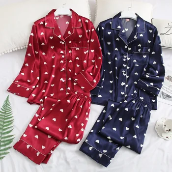 

Long Sleeve Couple Pajamas Set Heart Print Lovers' 2 PCS Shirt&Pant Stain Silky 2PCS Sleepwear Nightwear Casual Sleep Set