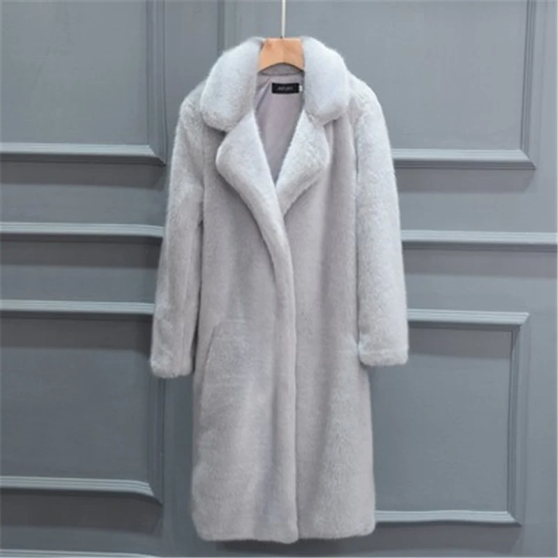 Элегантное розовое мохнатое женское длинное пальто из искусственного меха уличная осенне-зимняя теплая плюшевая шуба роскошное Женское пальто вечерние верхняя одежда - Цвет: Серый