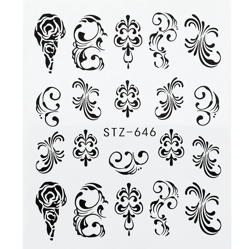 1 лист, черно-белые цветы, наклейки для ногтей, зеленые листья, водная наклейка, слайдер для дизайна ногтей, обертывания, маникюрный декор, тату - Цвет: STZ-646
