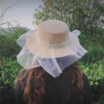 

New Fashion Design Women Wedding Pearl Raffia Hat Ladies Elegant Veil Beach Hats White Church Cap Straw Sun Hat Wholesale