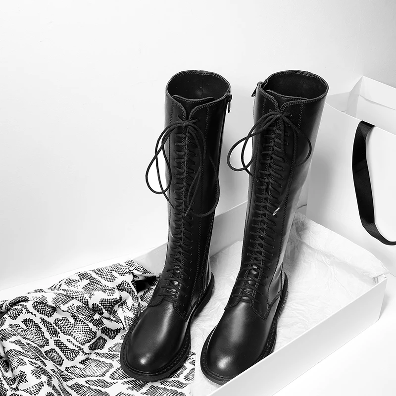 

Large size women's boots 41-43 flat-bottomed martin boots lace-up boots head layer oxfords riding boots fall/winter 2019