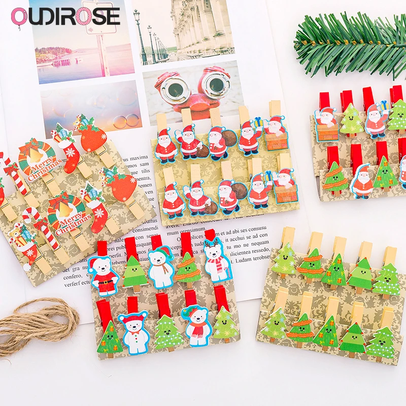 

10pcs/lot Merry Christmas Snowman Santa Tree Wooden Clips Mini Memo Paper Photo Clips Clothespin Craft Decoration Clip Pegs Xmas