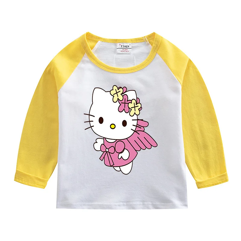 thumbnail image 1 of Hello Kitty Hit Color niños Casual algodón de manga larga chica estampado de dibujos animados patrón cuello redondo camisa de fondo camiseta de bebé, 1 of 5