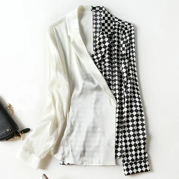 

Natural Silk Office Lady Work Shirt Elegant Notched Collar Long Sleeve Plaid Black Patchwork White Slim Real Silk Women Blouse