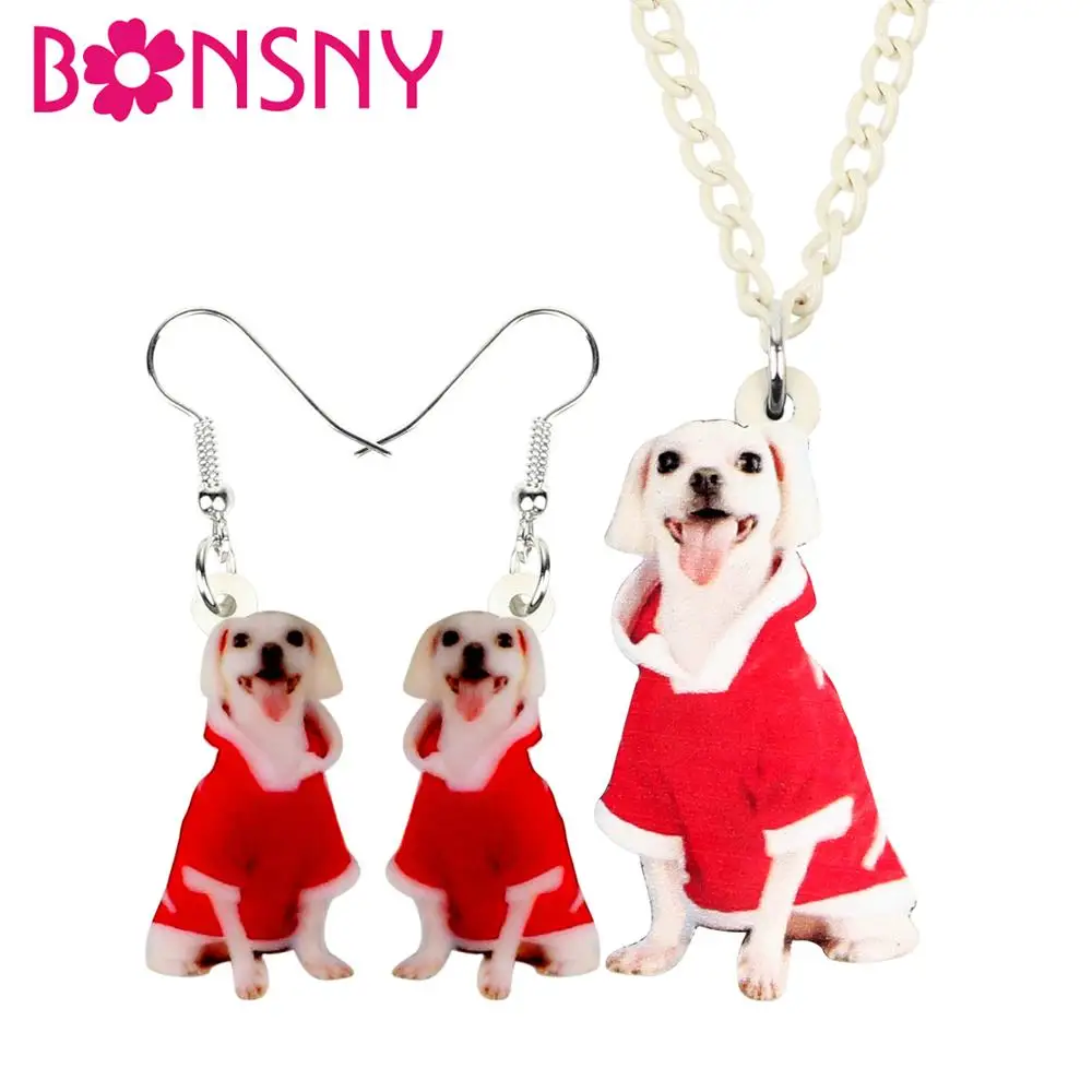 Bonsny Acrylic Christmas Happy Labrador Dog Jewelry Set Necklace Earrings Animal Pets Women Girl Charms Decorations Gift | Украшения и