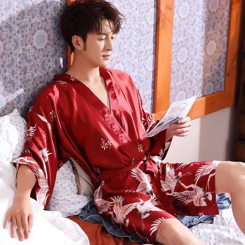 Men Home Clothes Nightgown Summer Satin Kimono Gown Casual Sleepwear Plus Size Couple Print Wedding Home Dressing Robe Lovers