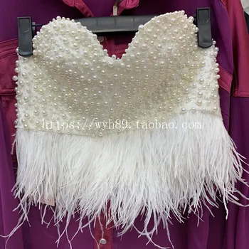 

Feather Handmade Fashion Women Crystal Rhinestone Push Up Tank Top Wedding White Embroidered Pearl Bustier Bra Cropped Top Vest