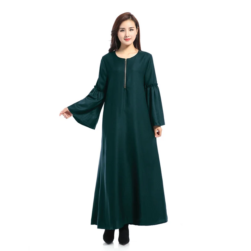 Dark green Abaya/арабское вечернее платье с пышными рукавами и воротником на молнии для женщин - Цвет: Dark green