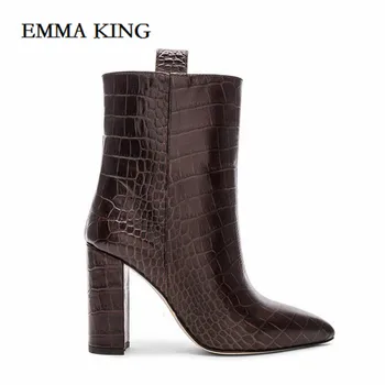 

Women Crocodile Pattern Leather Ankle Boots Women Brown Slip on Botas Pointed Toe Leather Woman Botas Mujer Female Short Boots