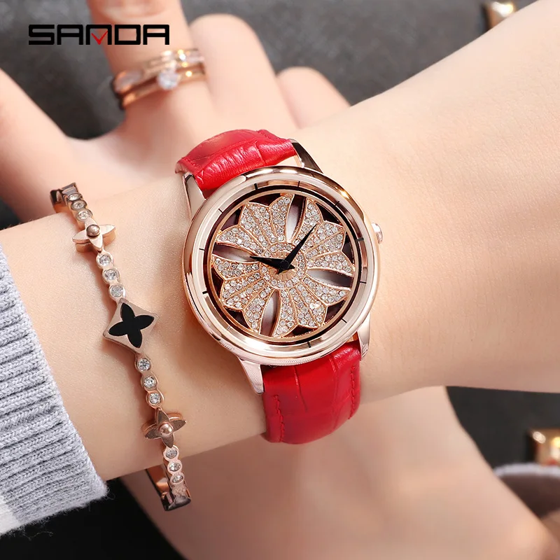 

Sanda Top Brand Fashion Women Watch Exquisite Flower Dial Rotating Waterproof Leather Belt Personality Ladies Quartz Wrist Watch