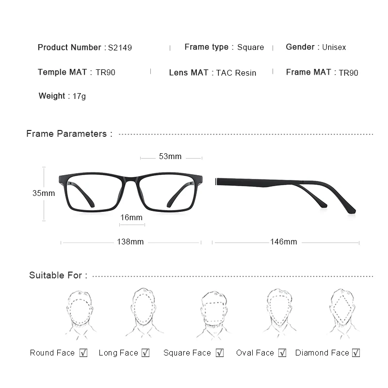 5 In 1 Magnet Polarized Clip Square Eyeglasses Frame Men Women TR90 Glasses Frame S2149