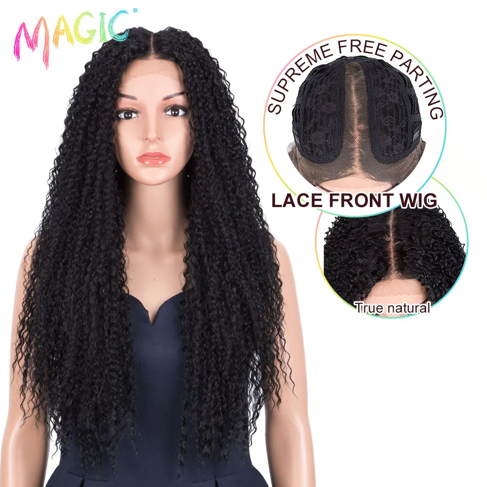 Magic Synthetic Lace Front Wigs 34inches Afro Kinky Curly Wig Long Black Wig Middle Part For Black Women True Nature Fake Hair