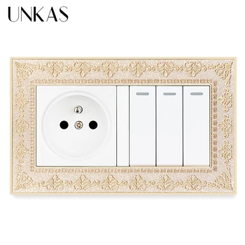 

UNKAS Zinc Alloy Metal Panel French Standard Socket + 3 Gang 1 / 2 Way On / Off Pass Through Light Switch Embossing Retro Frame