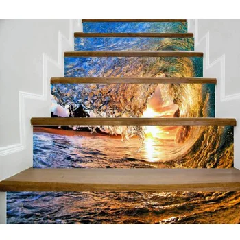

6pcs Creative Stair Stickers Ocean Wave Decals Display Decorative Staircase Floor Furniture Home Decor Sticky