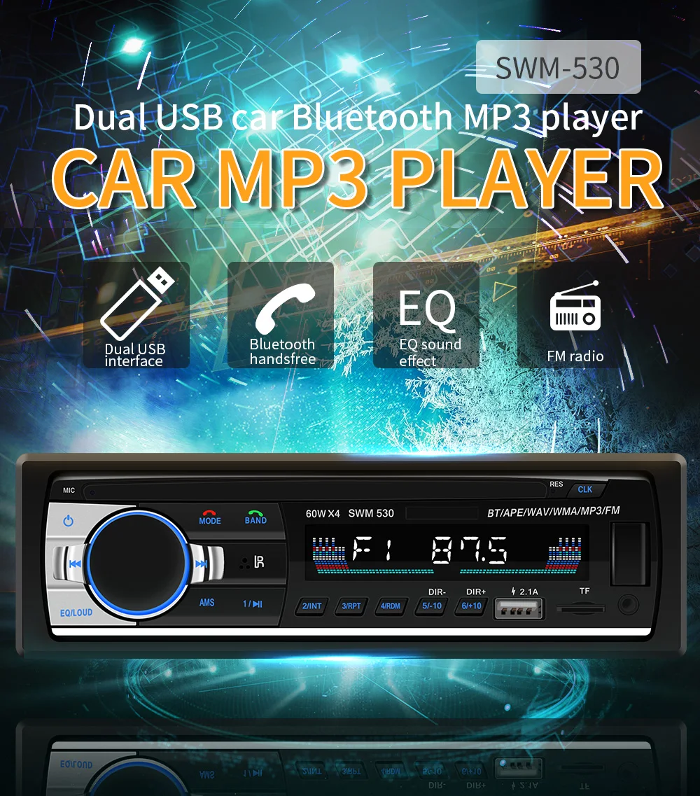 

530 Car Radio Double USB Fast Charging Bluetooth Stereo MP3 Player Audio Record SD Aux A2DP ISO Double USB Ports Mp3 Android