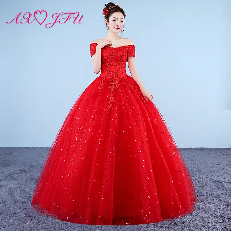 

AXJFU princess flower lace red wedding dress vintage party boat neck turkey ball gown sparkly lace flower white wedding dress