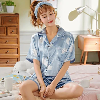 

Short Sleeve Silk Pajamas Spring Women Summer Pajama Sets Silk Pajama Sleepwear Pyjamas Plus Size Nightwear Set