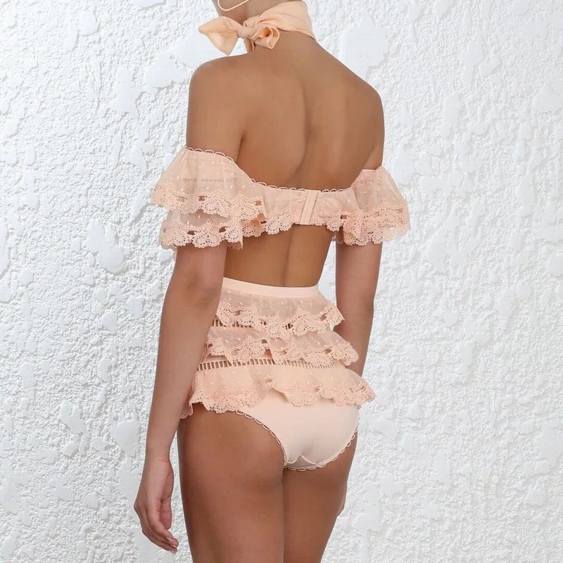 Black pink swimsuit swimwear High-Waisted lace Bikini Sets Sexy Lace Up Two Pieces Swimwears Women Beach Bathing Suits lon