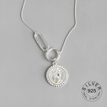

925 Sterling Silver Necklace Retro Geometric Round Portrait Coin Pendants for Women Two-tone Clavicle Chain Necklace