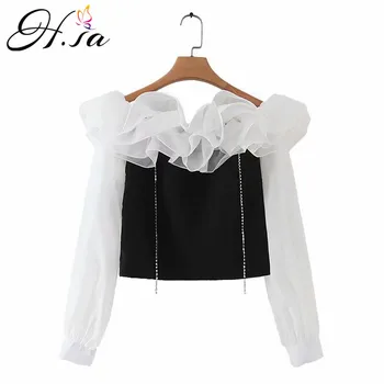 

H.SA Women Off Shoulder Casual Blouse Shirt Tops Ruffles Patchwork Slash Neck White Blusa Sexy Puff Long Sleeve White Ruffle