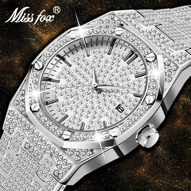MISSFOX Silver Men Watch Minimalist Bling Bling Diamond Fashion Quartz Wristwatch For Men Waterproof Relojes Hombre Dropshipping afbeelding
