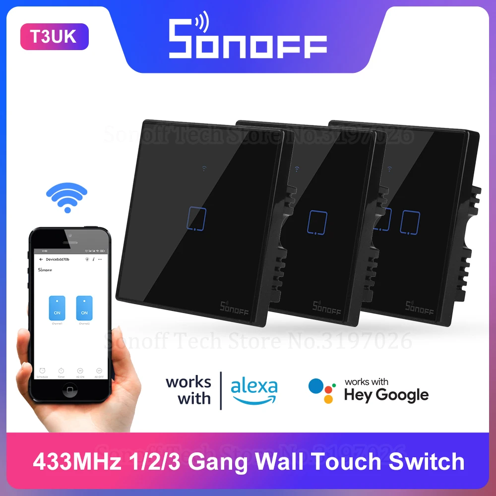 Itead Sonoff T3 UK 1/2/3 gang TX 433Mhz RF WiFi настенный сенсорный выключатель дистанционное