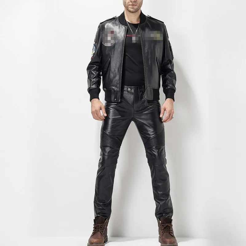 Winddicht Dikker Winter Nieuwe Mens Slim Broek Echt Leer Koe Mannelijke Mode 2020 Rits Hoge Kwaliteit Merk Broek Plus Size 36