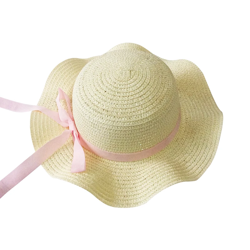 white pink bow Летняя кепка для девочек, черная лента, волнистые шляпы, шляпа для детей, декорированная Панама, пляжная шляпа для девочек, соломенная шляпа для защиты от солнца, Детская кепка - Цвет: white pink bow
