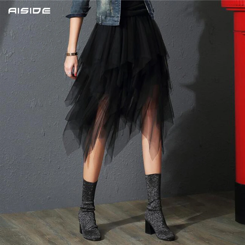

vintage Tulle Skirts Womens Black Gray White fashion Adult long Tulle Skirt Elastic High Waist Pleated Midi Skirt saias faldas