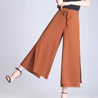 Свободные шифоновые брюки до щиколотки с разрезом - Цвет: Brown
