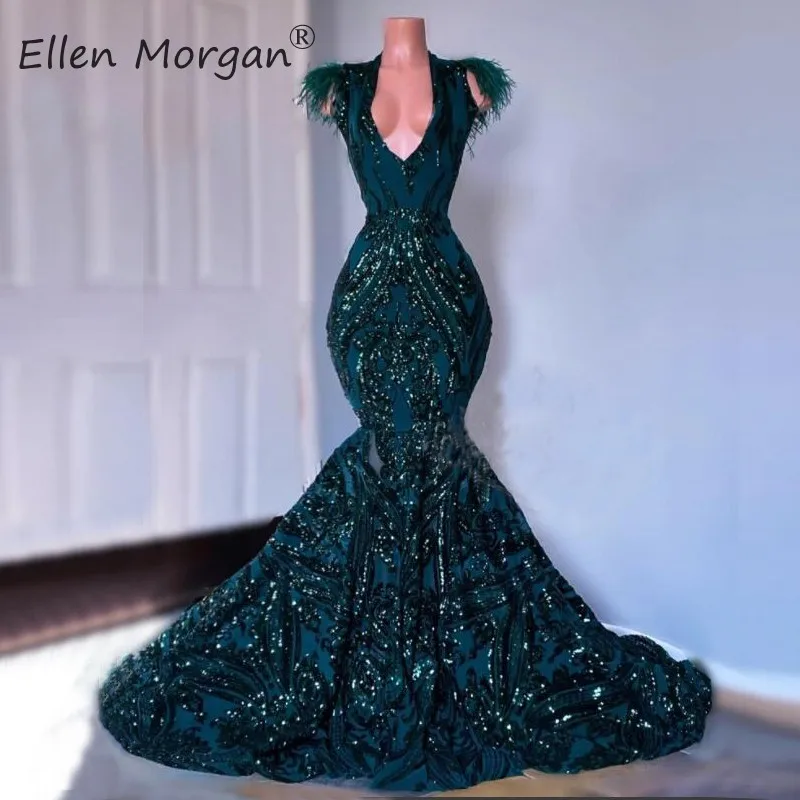 

Dark Green Sequined Mermaid Prom Dresses 2020 for African Black Girls Court Train Feather V Neck Sexy Formal Party Gowns
