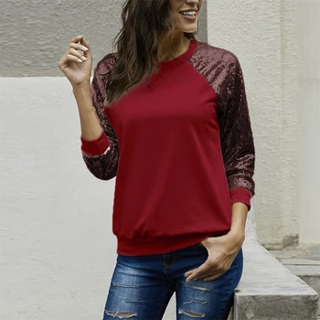 

Women Sequin Top Patchwork Long Sleeve O-neck Blouses Autumn 2020 Casual Loose Mujer Pullover Tshirt Tops Plus Size Streetwear