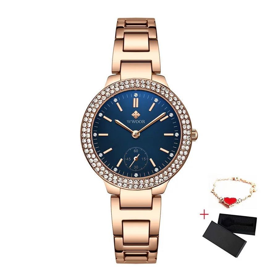 WWOOR женские часы с бриллиантами роскошные золотые женские часы-браслет водонепроницаемые повседневные из нержавеющей стали Кварцевые часы для женщин Reloj Mujer - Цвет: Gold Blue Bracelet