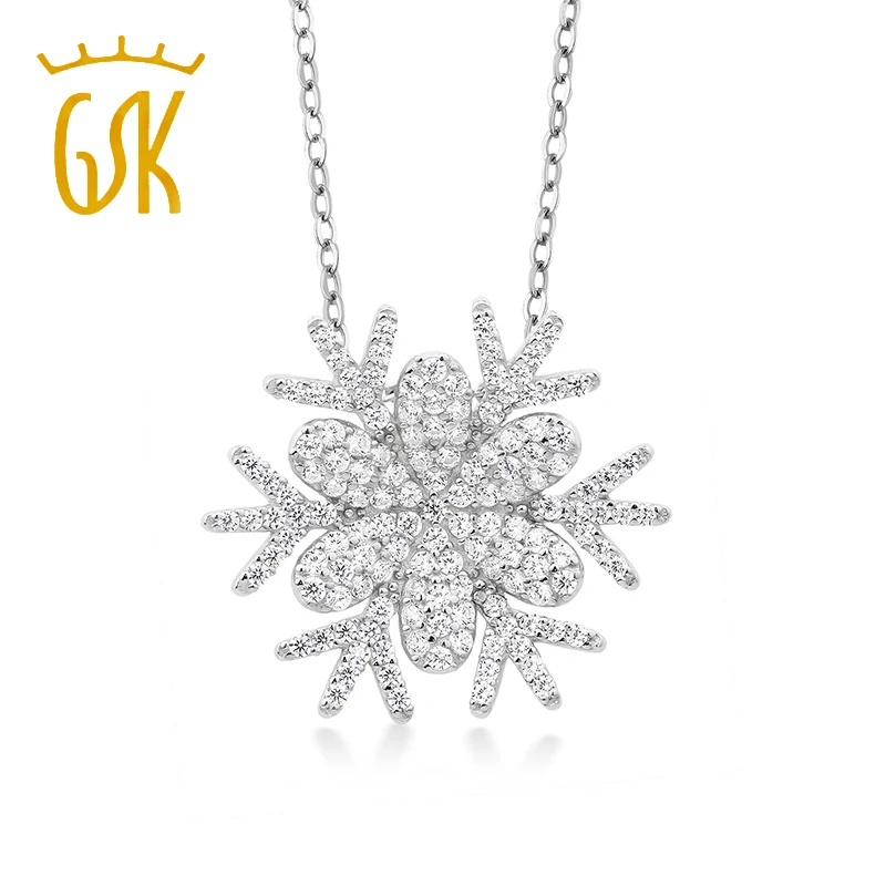 GemStoneKing, 925 пробы, серебряное, снежное хлопья, художественное ожерелье-кулон для женщин, 1,68 карат, круглый белый цирконий, 18 дюймов, цепочка, ювелирное изделие