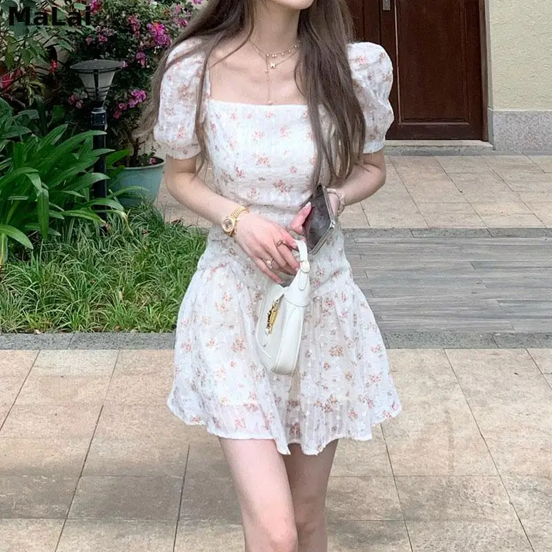 

2021 Summer Elegant Mini Dress Female Evening Party Chic Women Casual One Piece Dress Korean Short Sleeve Vintage Floral Dress