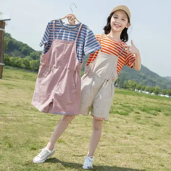 

Girls 2020 Summer Fashion New Children Clothing Casual Sets Kids Striped T-Shirt+Suspender Shorts Girls Clothing Outfits W264