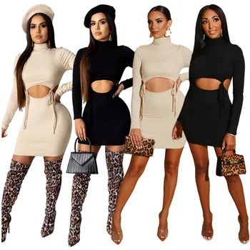 

Women's Casual Bandage Cutout High Neck Two Piece Skirt Set