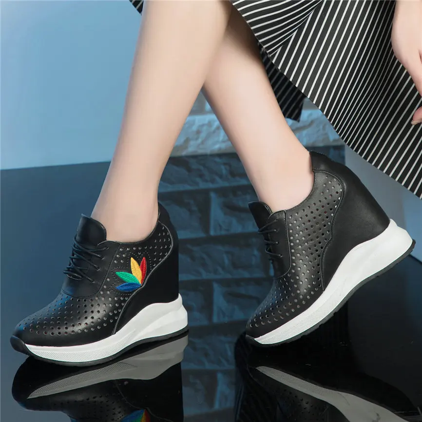 Shoes Women Lace Up Genuine Leather Wedges Platform High Heel Ankle Boots Female Summer Breathable Fashion Sneakers Casual Shoes