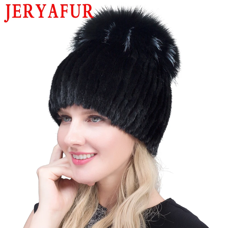 JERYAFUR женская меховая шапка зимняя натуральная норковая с помпонами из меха лисы