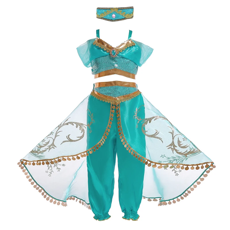 Princess Jasmine Dress For Girls Halloween Cosplay Party Fantasy Costumes Top Pants 2pcs Set Kids Lace Casual Sleeveless Dresses
