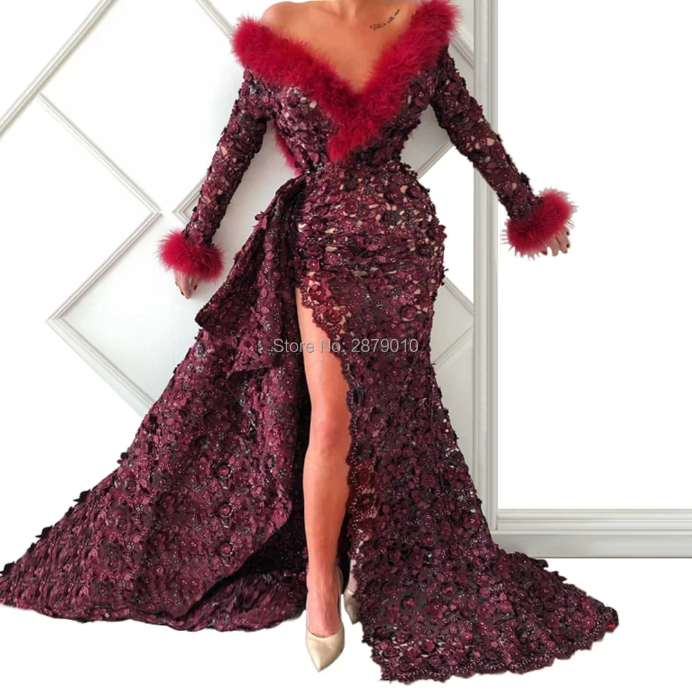 

V-Neck Burgundy Sheath/Column Lace Long Evening Dress Appliques Full-length Prom Dress The Skirt Split Formal Custom Zipper