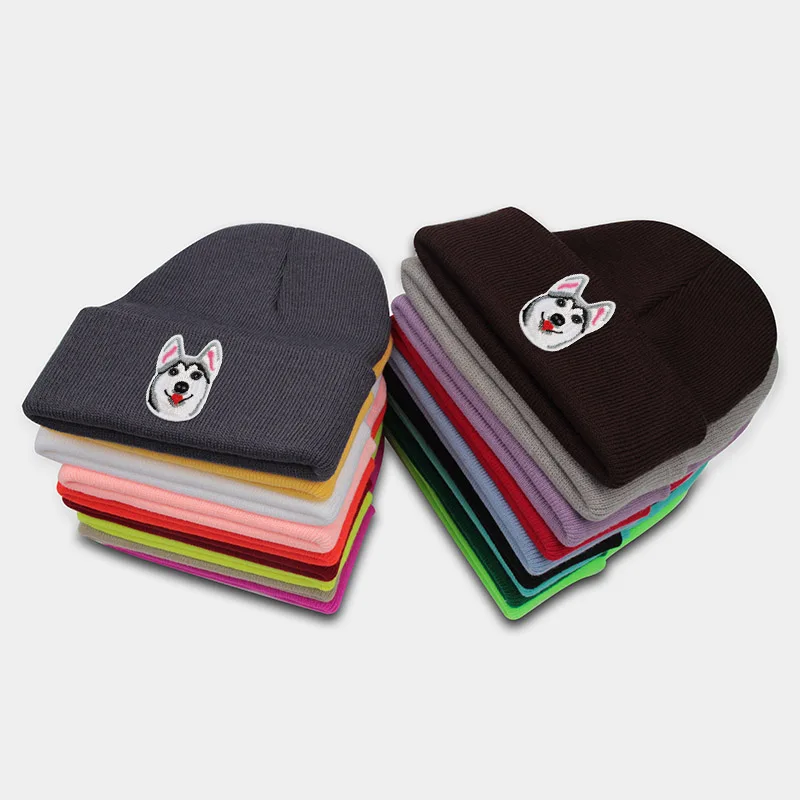 Huskies Hats Fashion Patches Sweet Beanie For Unisex Winter Brimless Stretchy Bonnet Solid Color Outdoor Cap Knitted Beanie