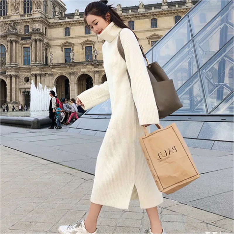 

2019 Autumn Winter solid color loose large size long section High Neck knitting Fashion Pullovers Sweater Dress
