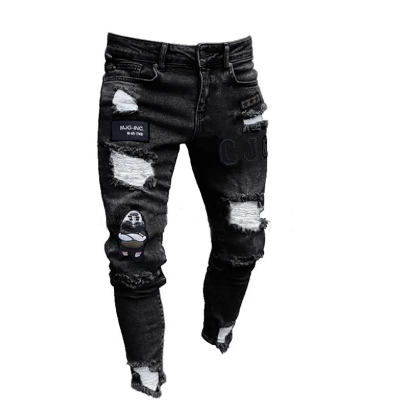 3 вида стилей, мужские эластичные рваные обтягивающие байкерские джинсы с вышивкой и принтом, рваные зауженные джинсы, поцарапанные джинсы высокого качества