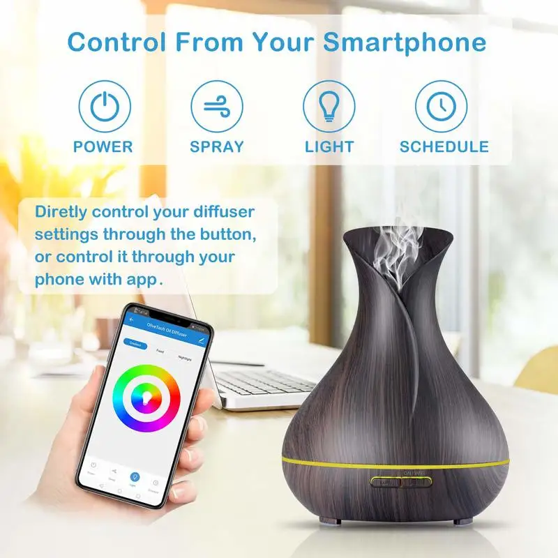 Smart WiFi Essential Oil Diffuser Compatible with Alexa Google Home App Control 400ml Dark Wood Grain  Aroma Diffuser Humidifier