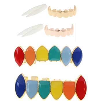 

Novelty Hip Hop Gold Rainbow Teeth Grillz Top Bottom Colorful Grills Dental Halloween Vampire Teeth Toys