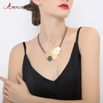 Amorcome Fashion Big Round Leather Chains Collar Necklace Geometric Metal Pendants for Women on Neck Choker Necklaces Jewelry