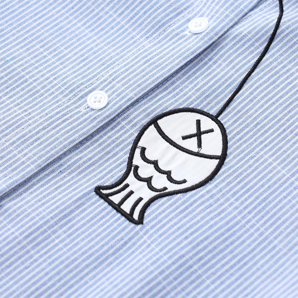 Новое поступление, белая рубашка в полоску с вышивкой кота и рыбной ловли, свободная хлопковая блузка с длинными рукавами, милый студенческий женский топ, T98601F